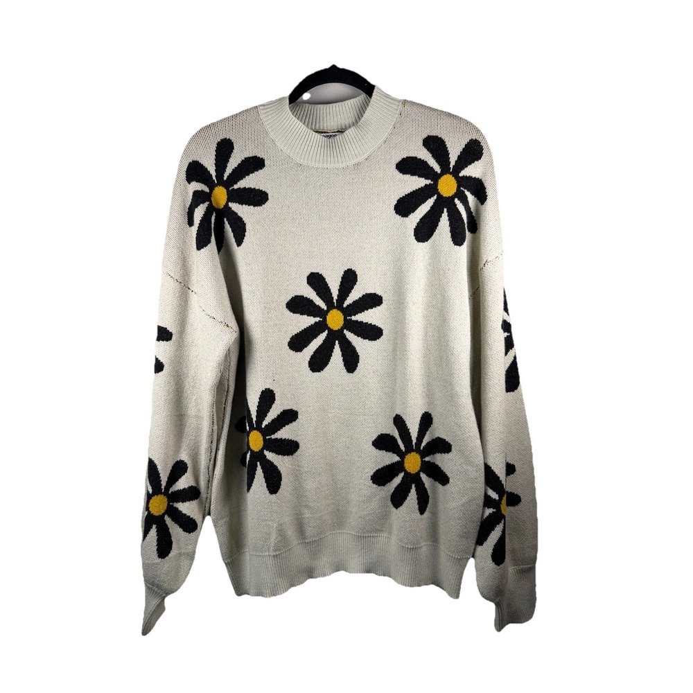 Zeagoo Floral Knit Sweater Mock Neck XL Pullover Beige Black Flowers Soft Boho
